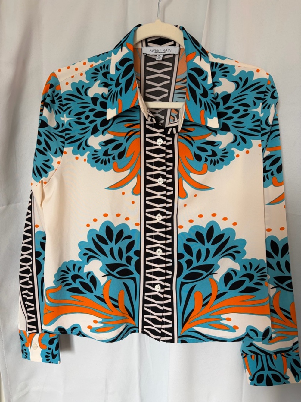 Sweet Rain Retro Floral Button-Front Shirt in Turquoise, Orange & Black